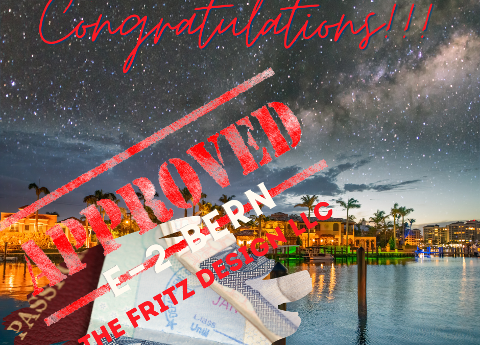 e-2 visa stamp on a picture of Boca Raton, FL