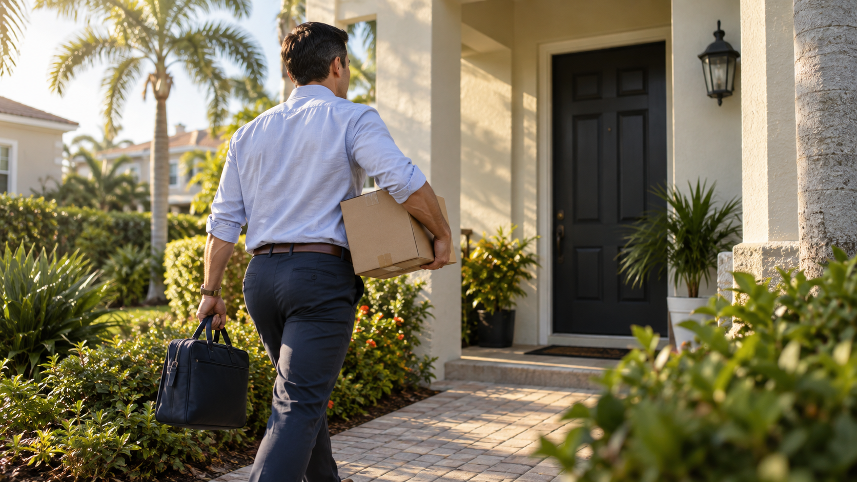 An entrepreneur moves into a Florida home with work documents and a moving box.