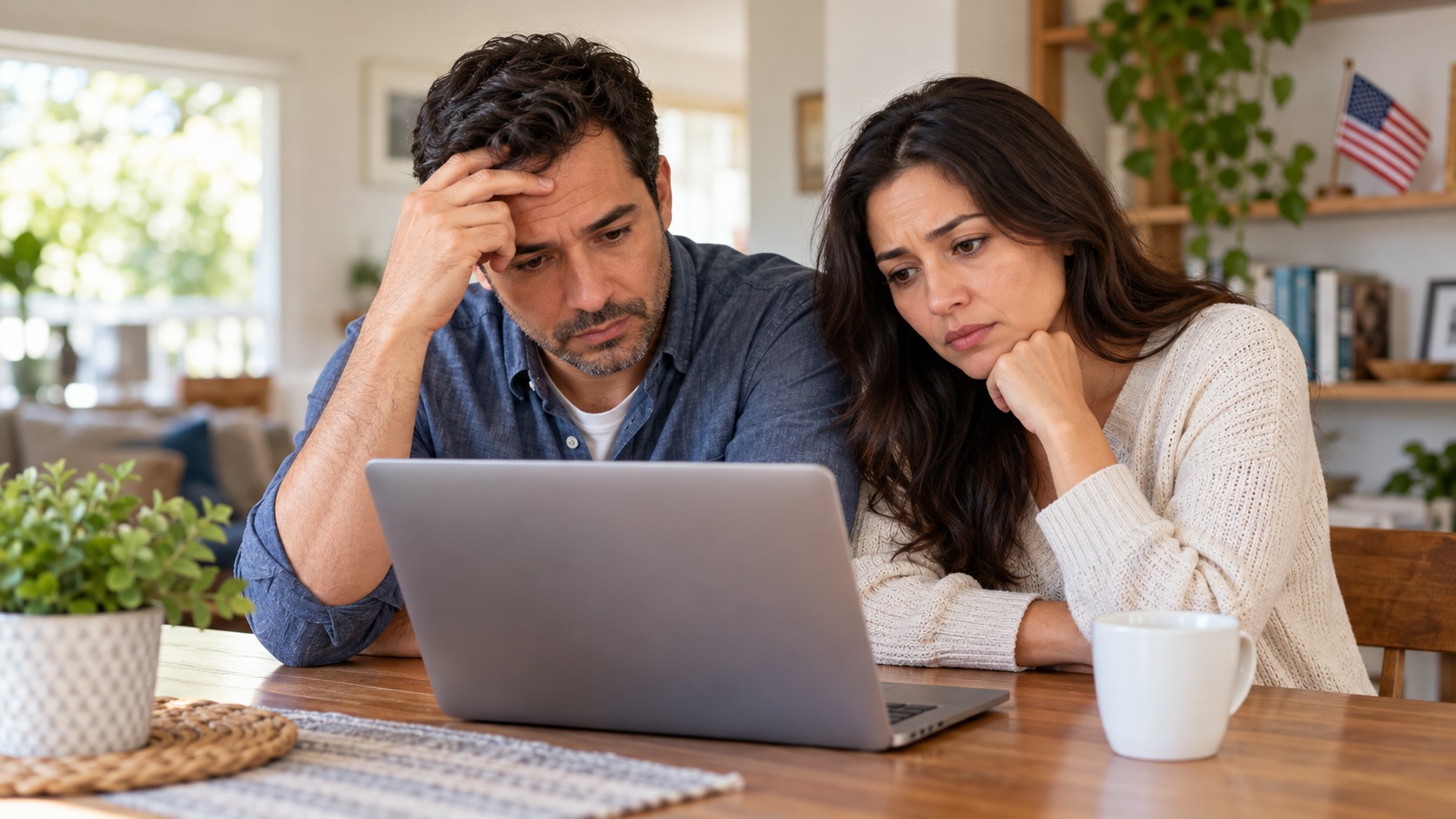 Illustrative image: A disappointed couple looks at a laptop together.