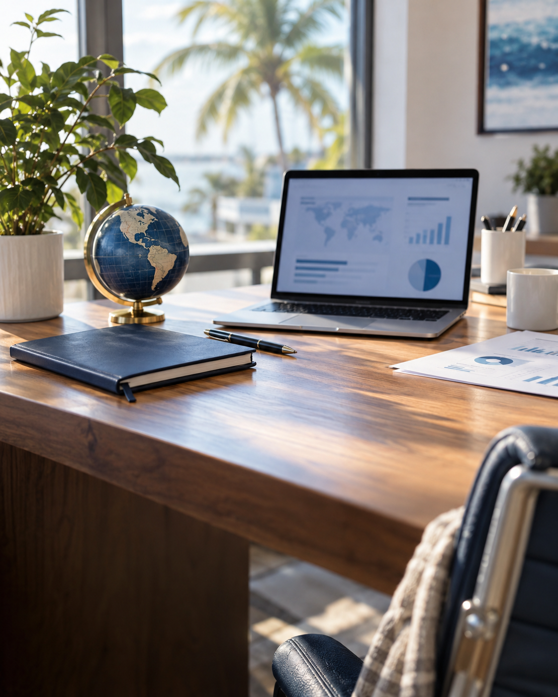 M&D Home - Unternehmensstart in den USA Schreibtisch mit Laptop, Globus und Geschäftsunterlagen in einem hellen Büro in Florida.