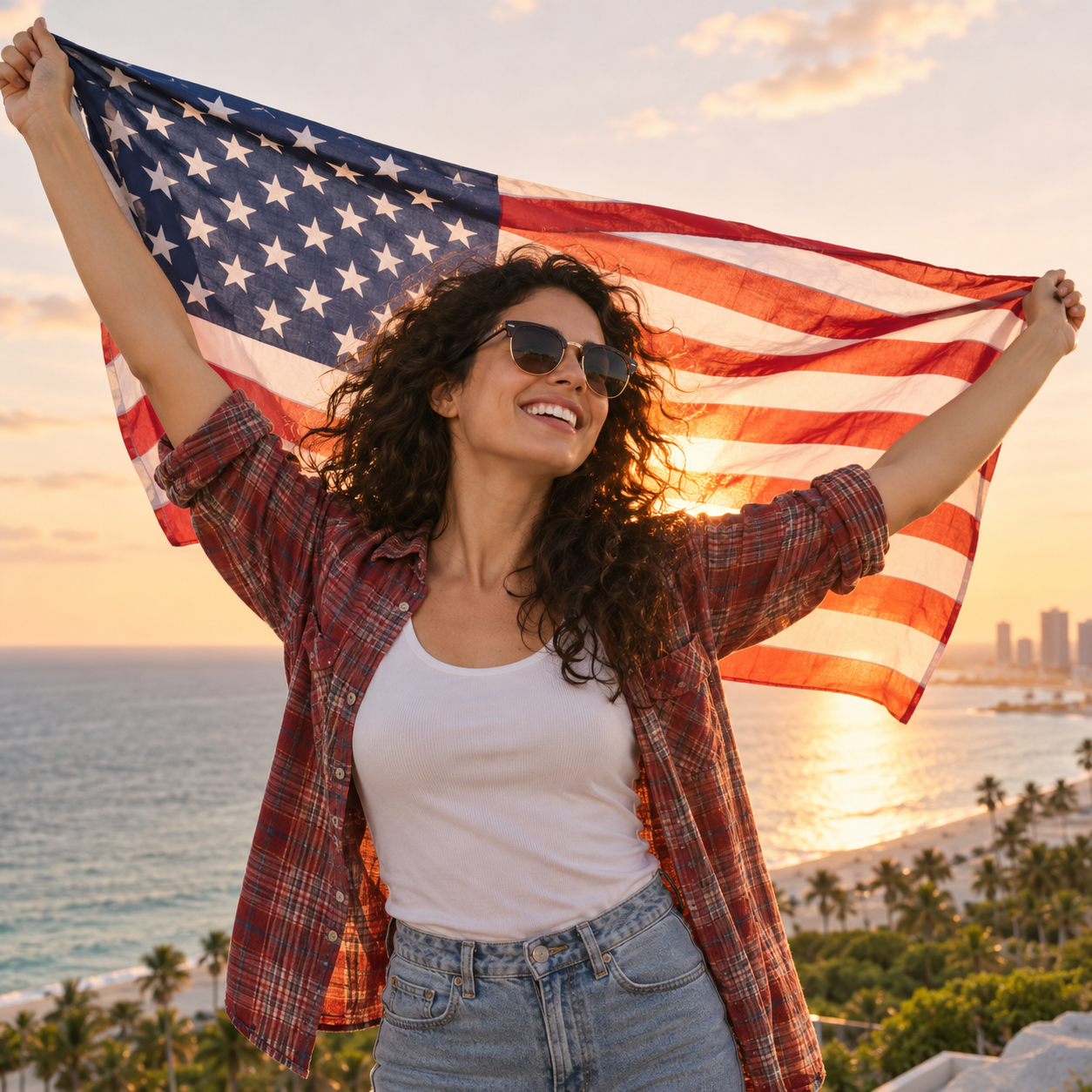 Symbolbild: Eine lächelnde Frau hält im Abendlicht eine US-Flagge hinter sich.